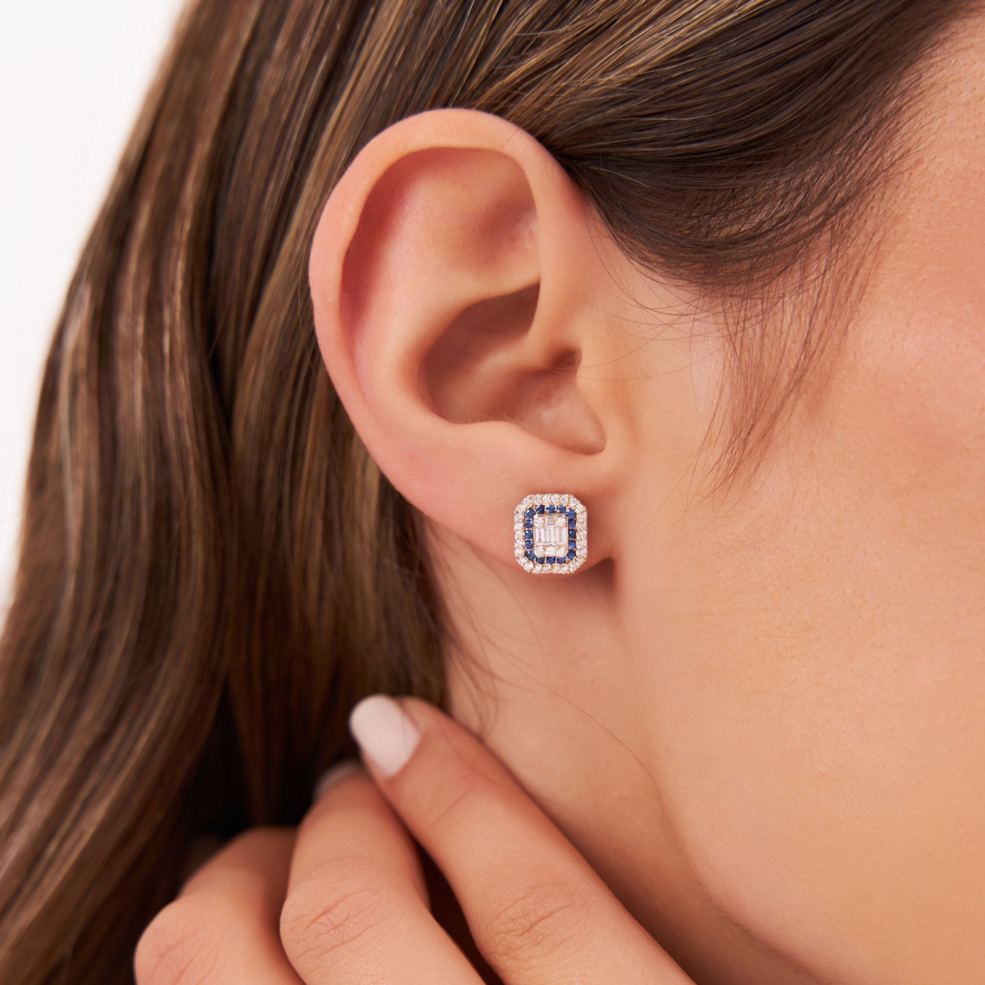 14k Baguette and Round Sapphire Studs Halo Setting - GeumJewels