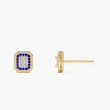 14k Baguette and Round Sapphire Studs Halo Setting - GeumJewels