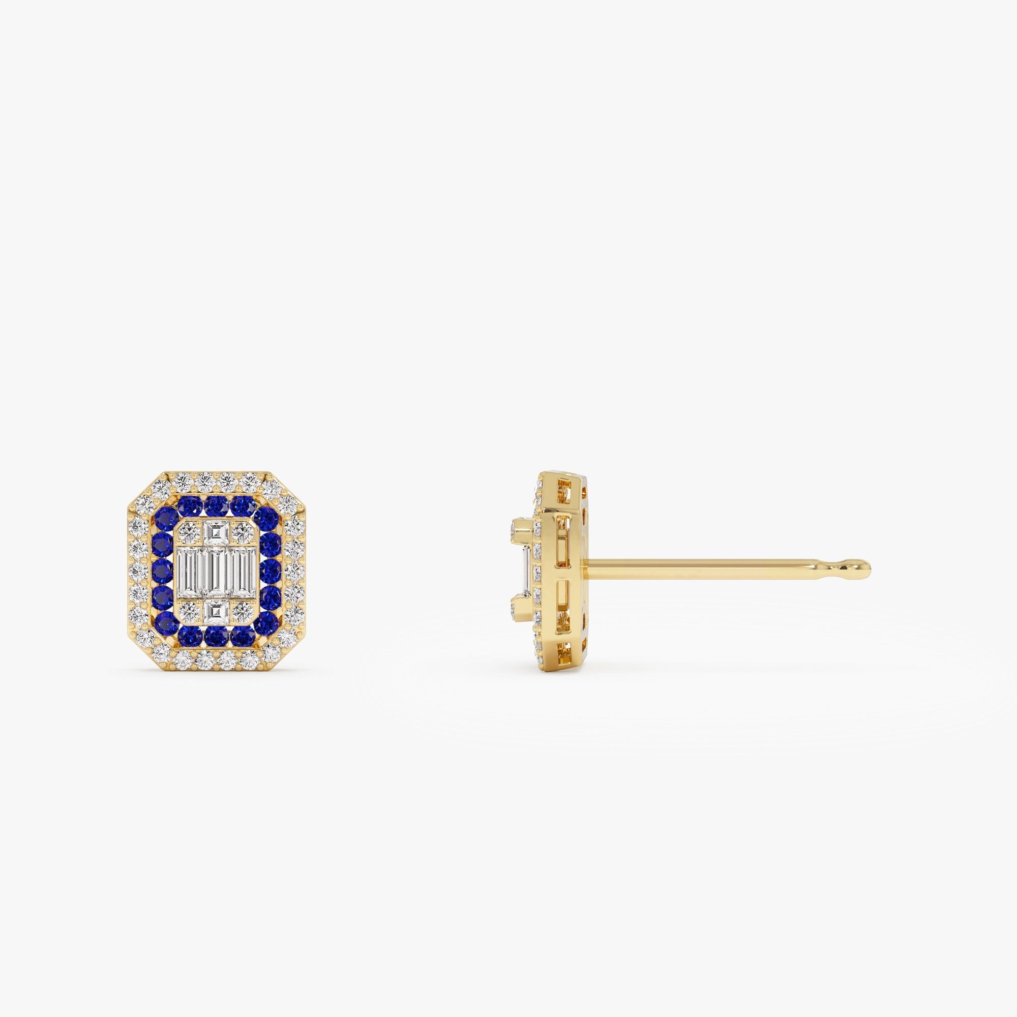 14k Baguette and Round Sapphire Studs Halo Setting - GeumJewels