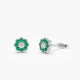 14K Bezel Setting Emerald Flower Diamond Studs - GeumJewels
