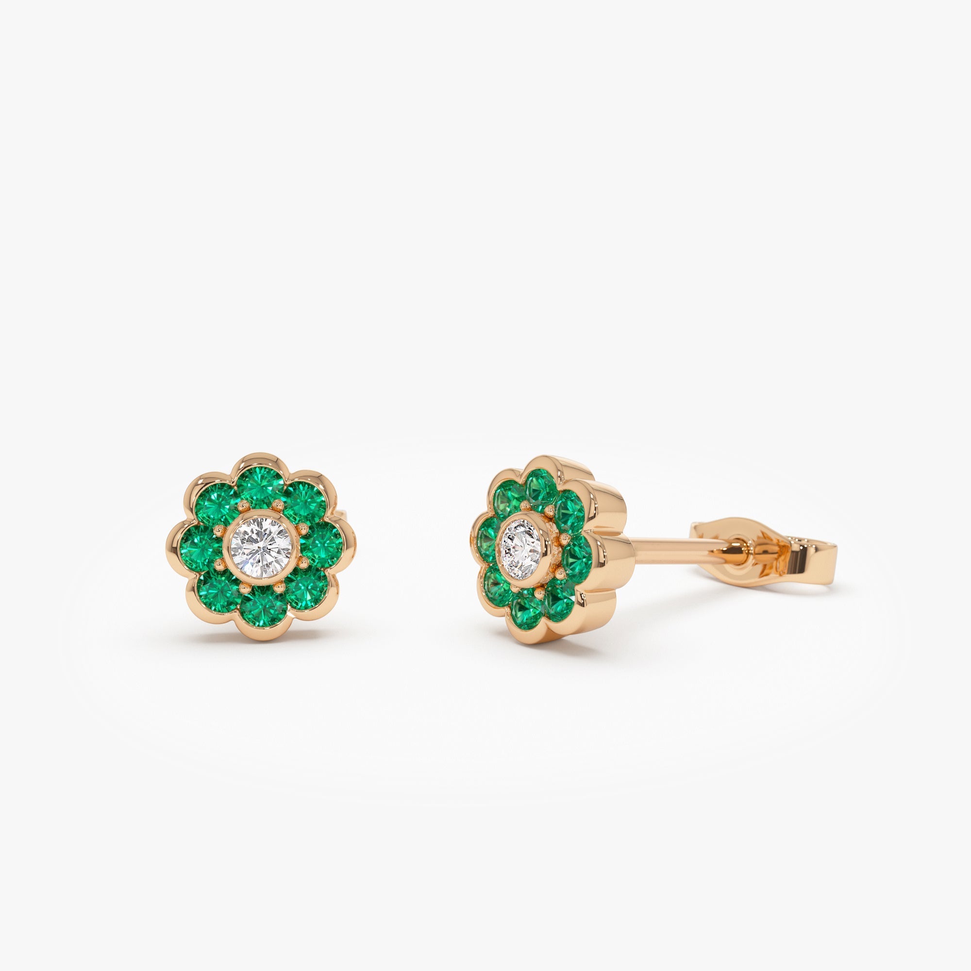 14K Bezel Setting Emerald Flower Diamond Studs - GeumJewels