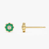 14K Bezel Setting Emerald Flower Diamond Studs - GeumJewels