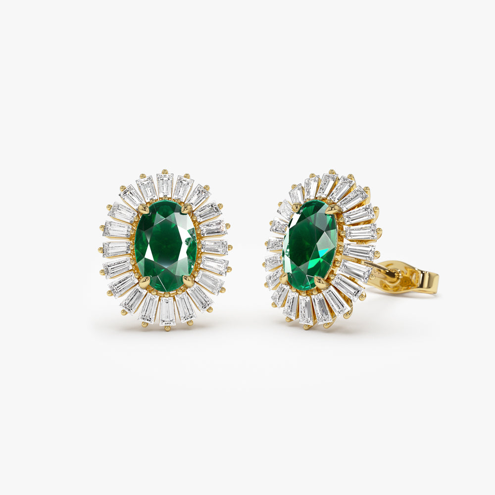 14k Emerald and Baguette Diamond Ballerina Stud Earrings - GeumJewels