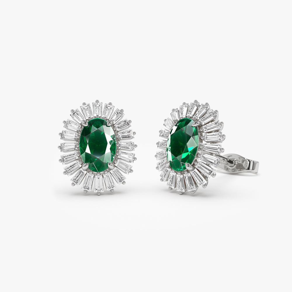 14k Emerald and Baguette Diamond Ballerina Stud Earrings - GeumJewels
