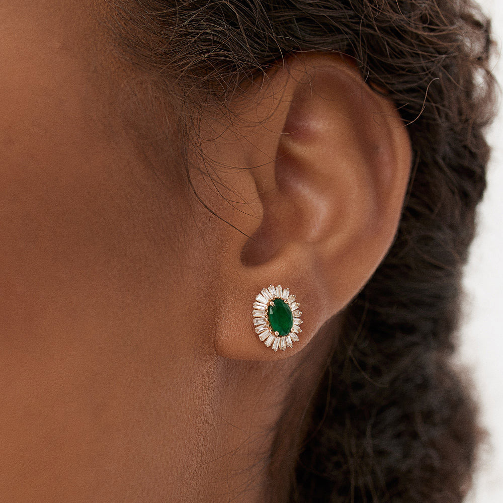 14k Emerald and Baguette Diamond Ballerina Stud Earrings - GeumJewels
