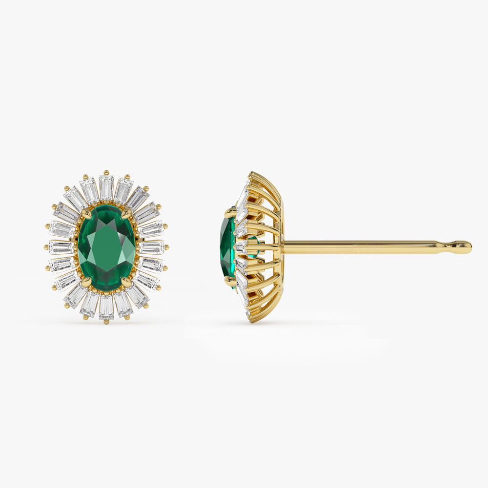 14k Emerald and Baguette Diamond Ballerina Stud Earrings - GeumJewels