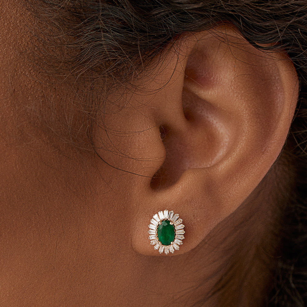 14k Emerald and Baguette Diamond Ballerina Stud Earrings - GeumJewels