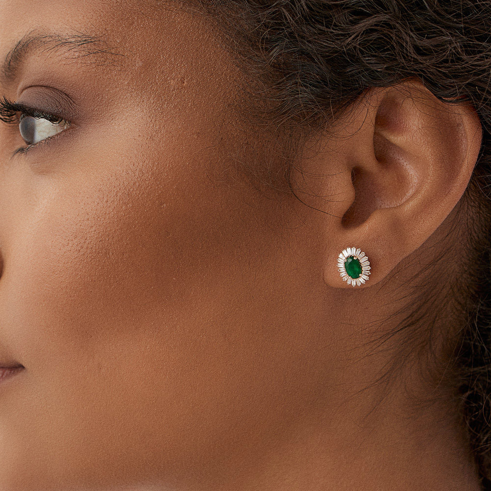 14k Emerald and Baguette Diamond Ballerina Stud Earrings - GeumJewels