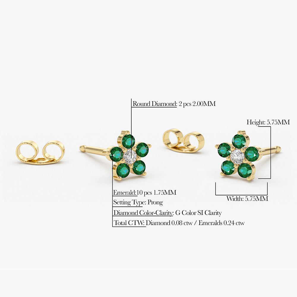 14K Emerald and Diamond Flower Studs - GeumJewels