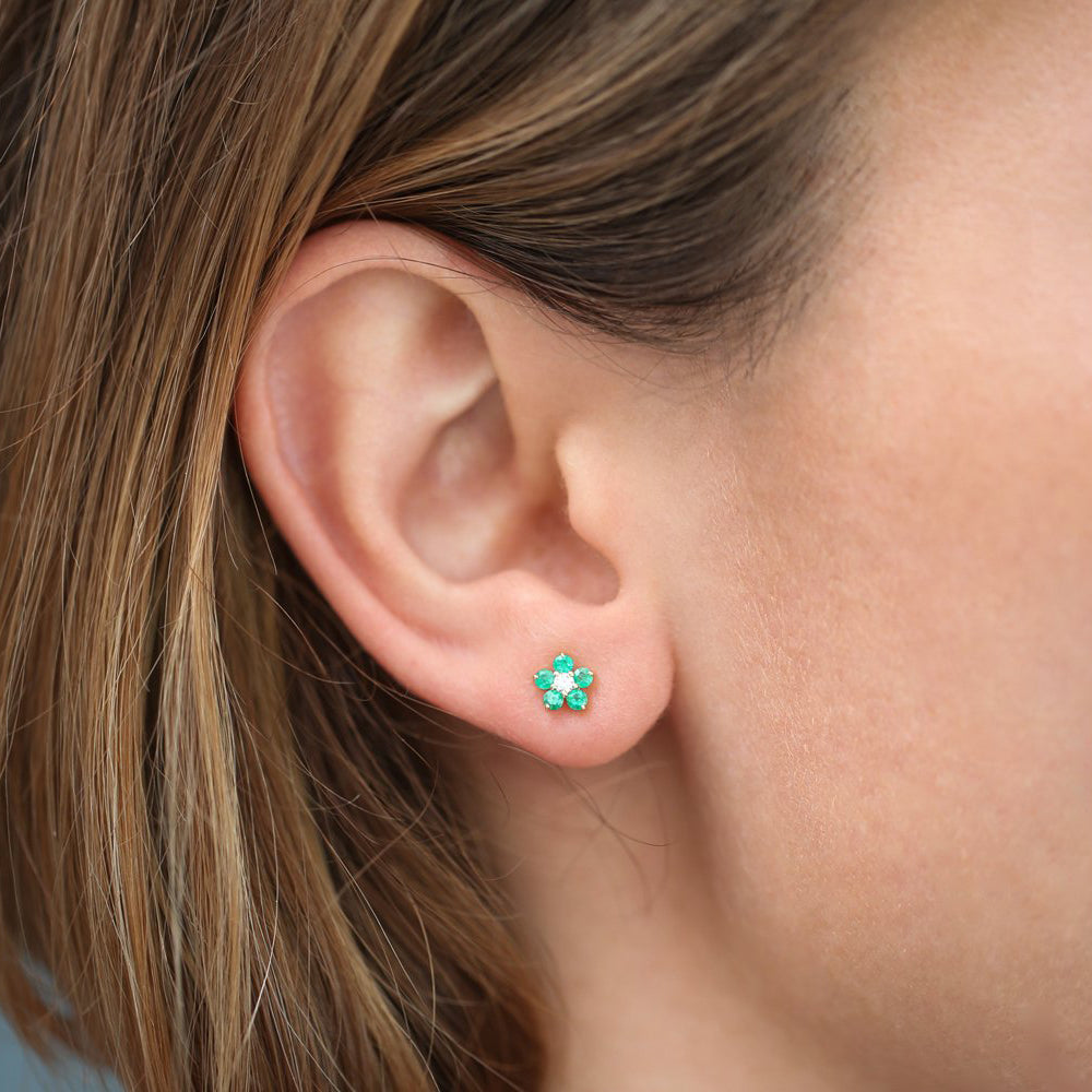 14K Emerald and Diamond Flower Studs - GeumJewels