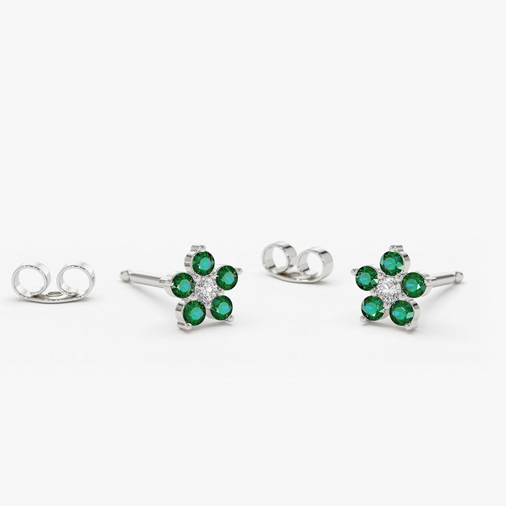 14K Emerald and Diamond Flower Studs - GeumJewels