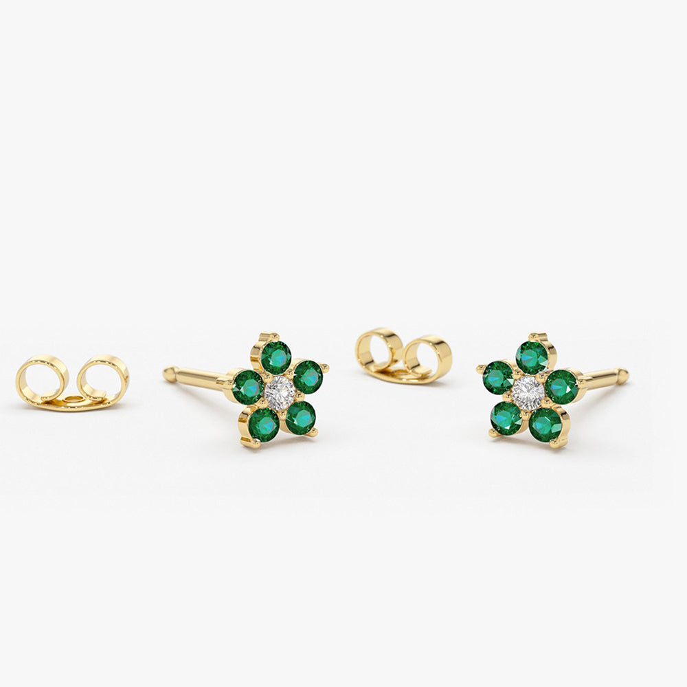 14K Emerald and Diamond Flower Studs - GeumJewels