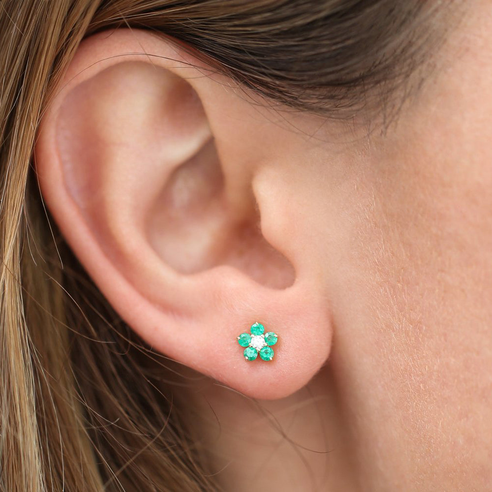14K Emerald and Diamond Flower Studs - GeumJewels