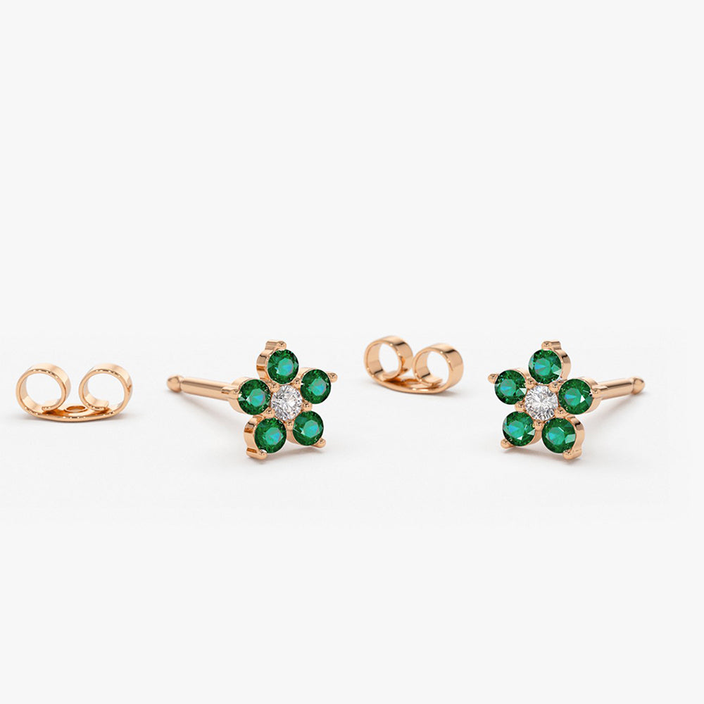 14K Emerald and Diamond Flower Studs - GeumJewels