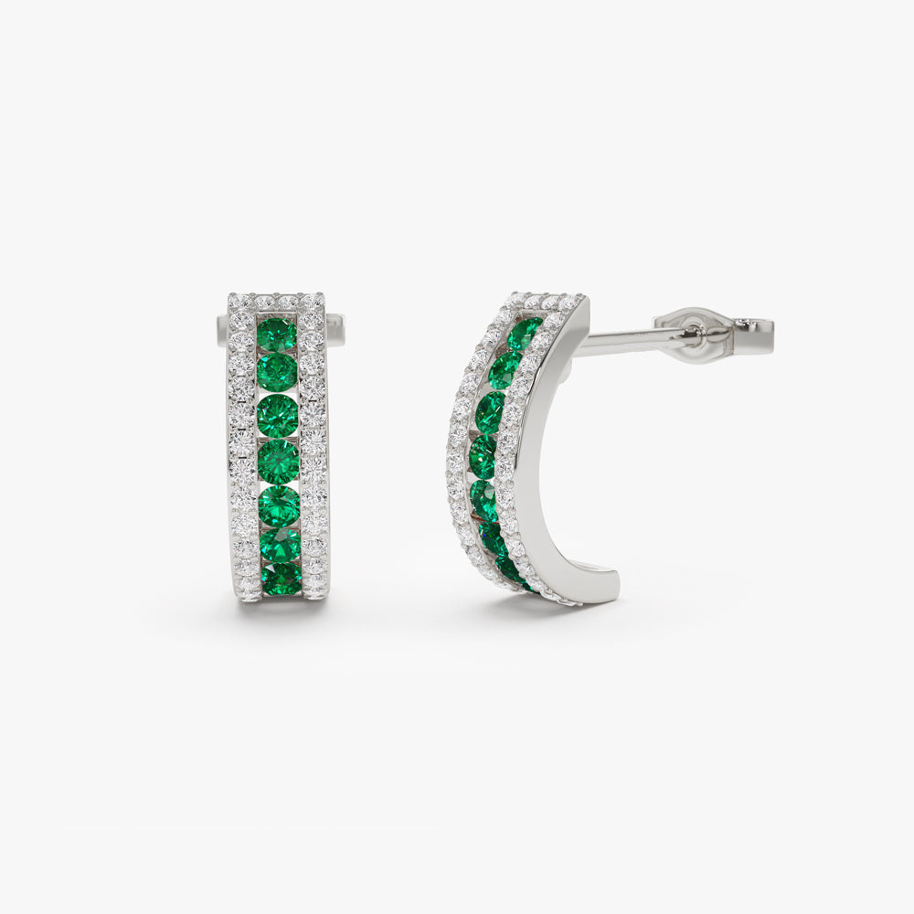 14k Emerald and Round Diamond Hoop Earrings - GeumJewels