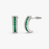 14k Emerald and Round Diamond Hoop Earrings - GeumJewels
