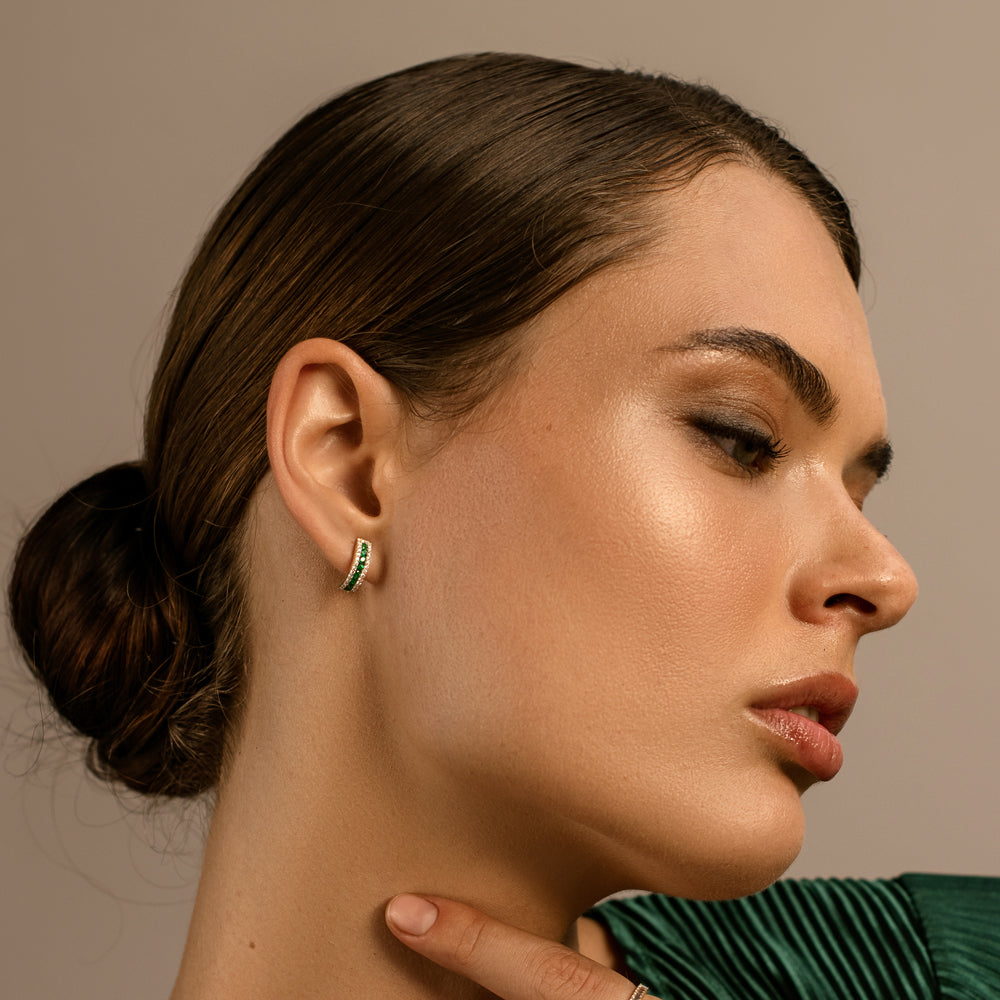 14k Emerald and Round Diamond Hoop Earrings - GeumJewels