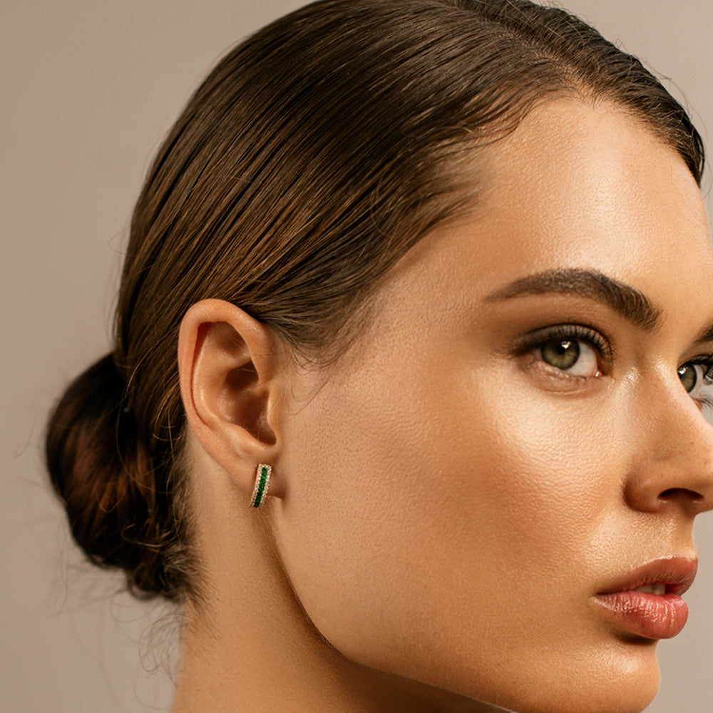 14k Emerald and Round Diamond Hoop Earrings - GeumJewels