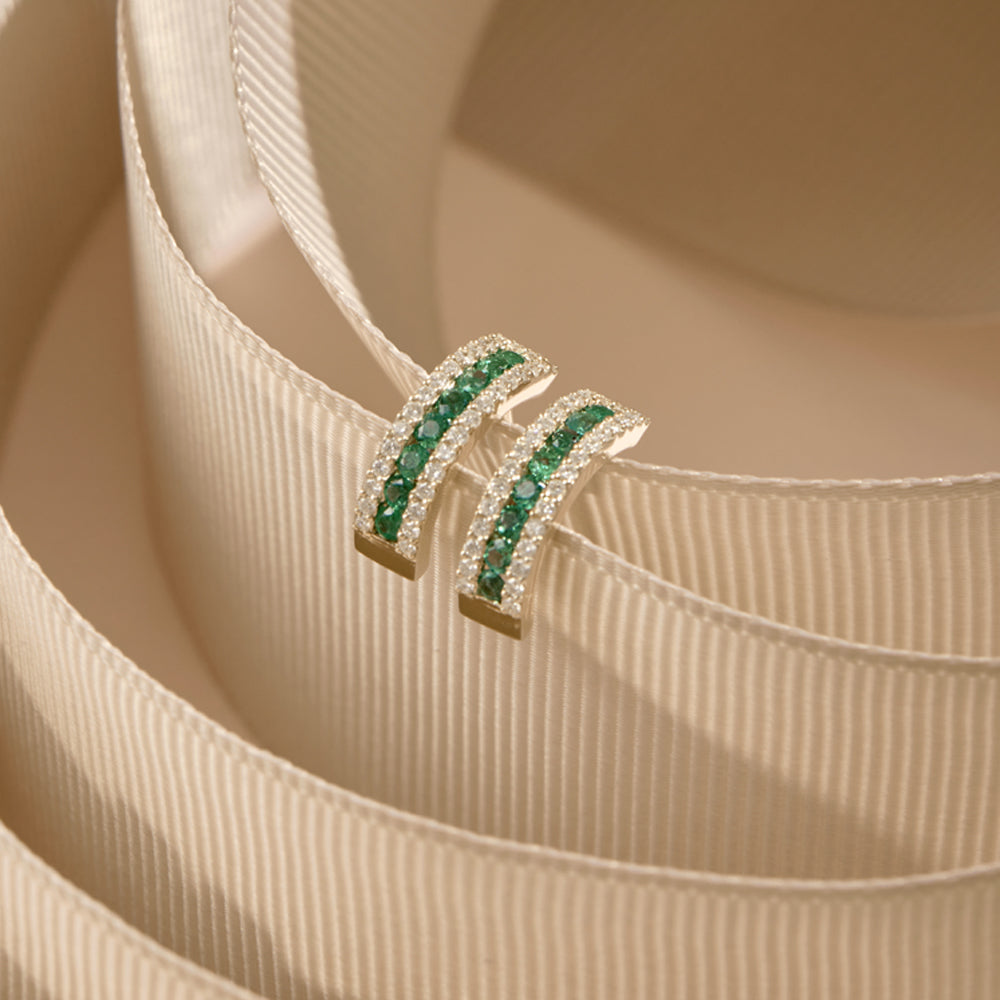 14k Emerald and Round Diamond Hoop Earrings - GeumJewels