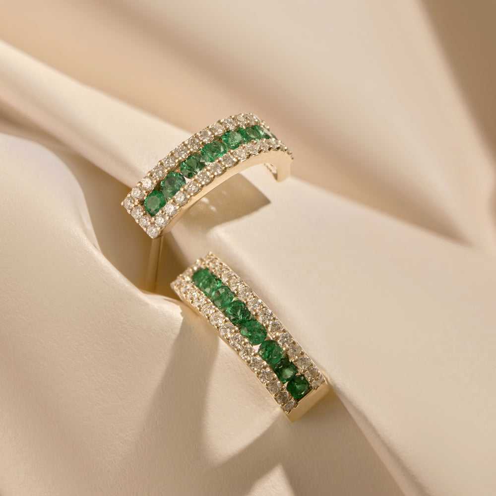 14k Emerald and Round Diamond Hoop Earrings - GeumJewels