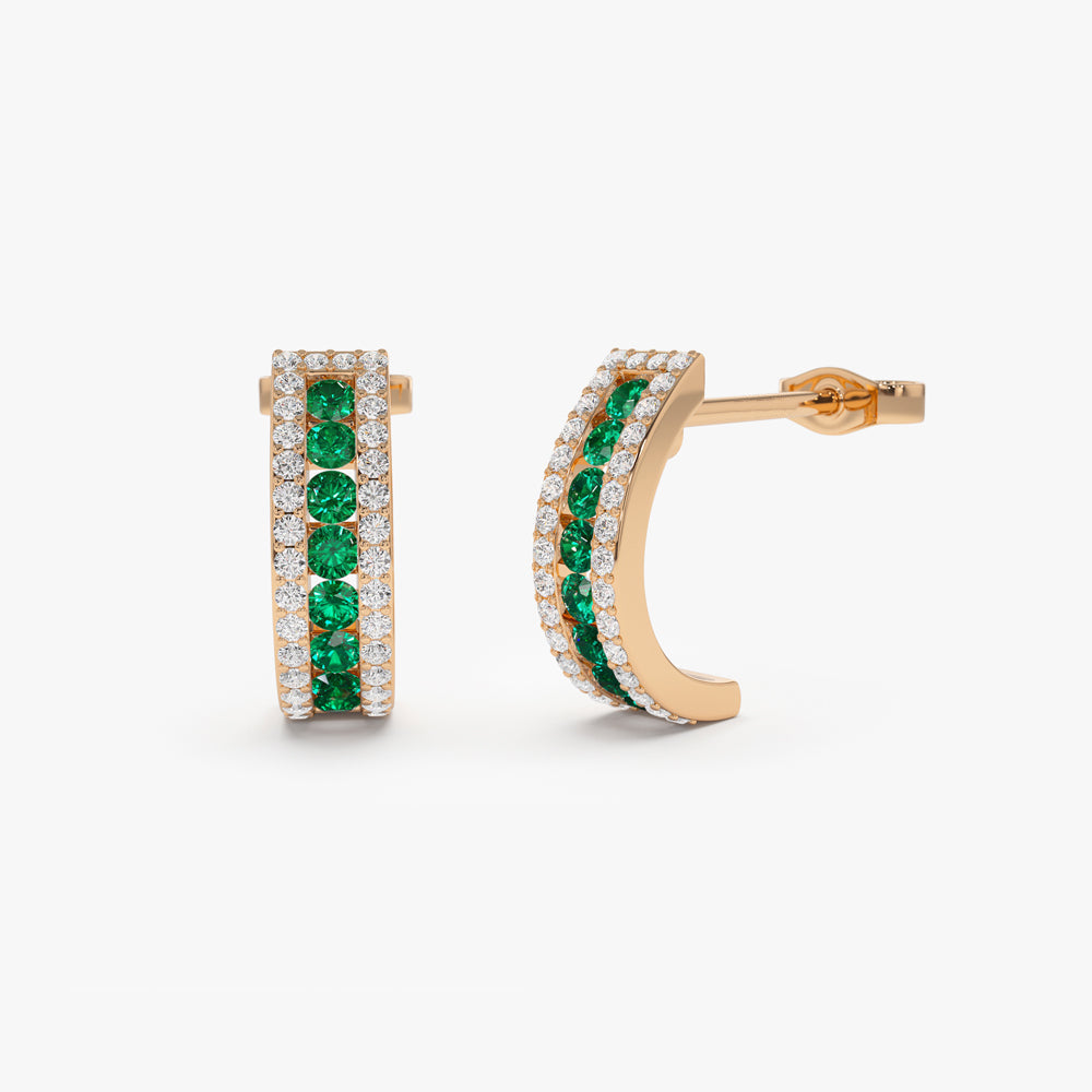 14k Emerald and Round Diamond Hoop Earrings - GeumJewels