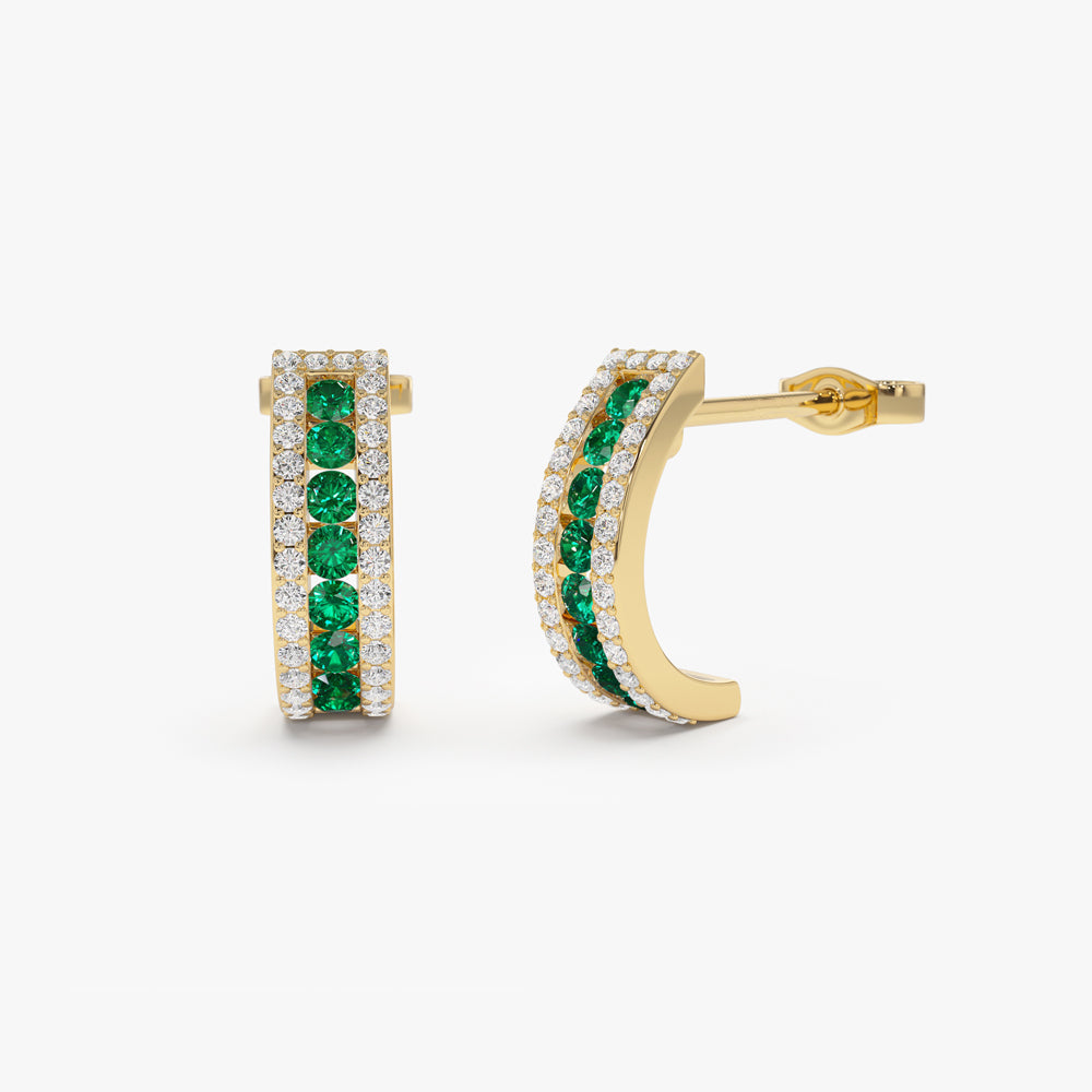 14k Emerald and Round Diamond Hoop Earrings - GeumJewels