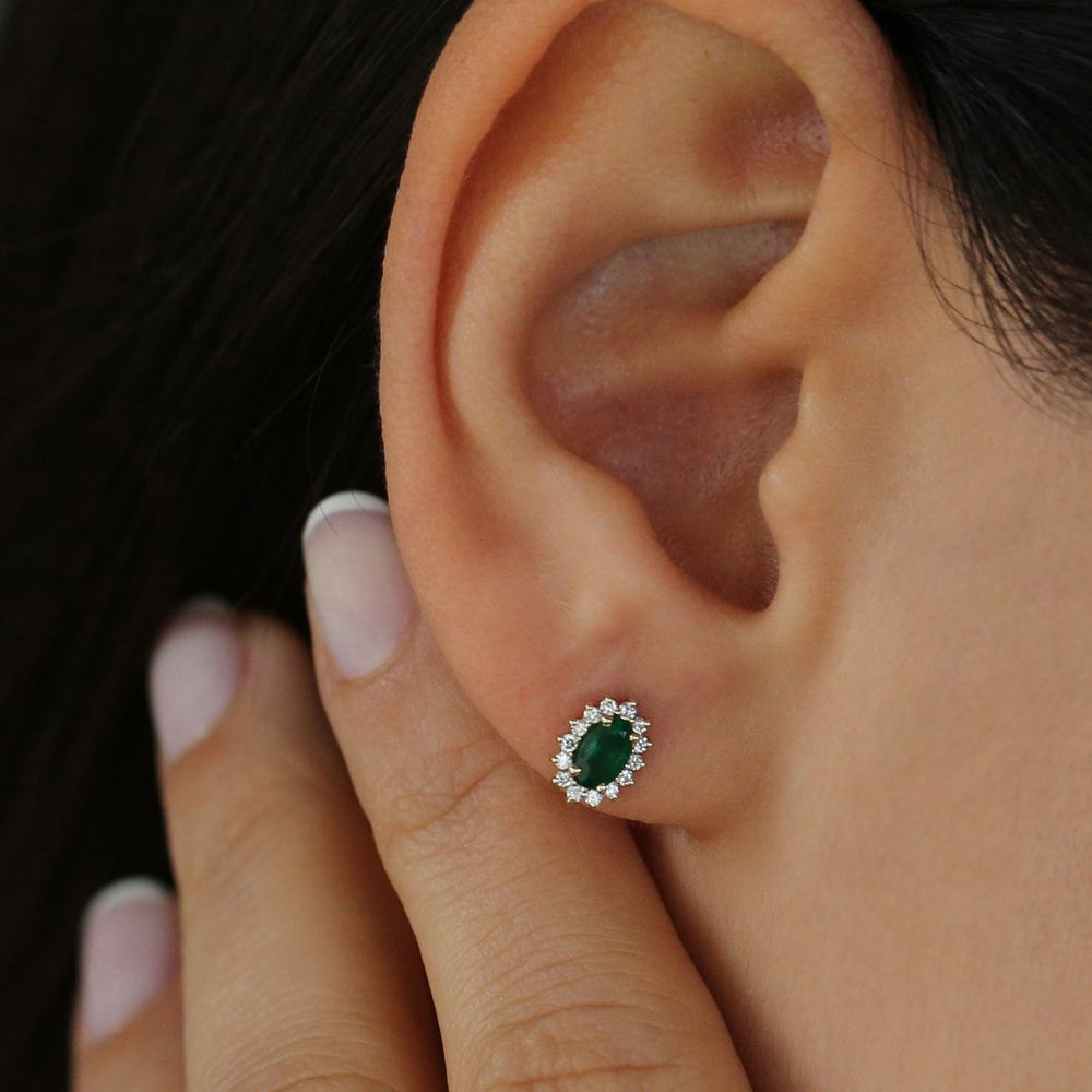 14k Emerald Earrings with Halo Diamonds - GeumJewels