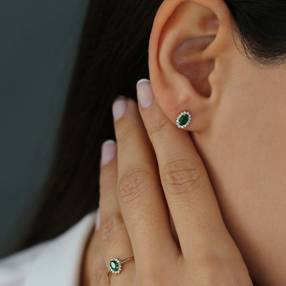 14k Emerald Earrings with Halo Diamonds - GeumJewels