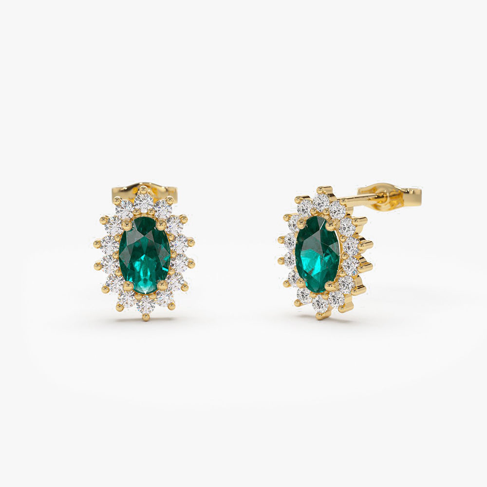 14k Emerald Earrings with Halo Diamonds - GeumJewels