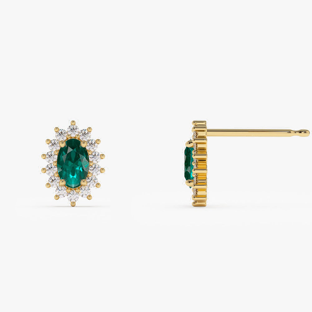 14k Emerald Earrings with Halo Diamonds - GeumJewels