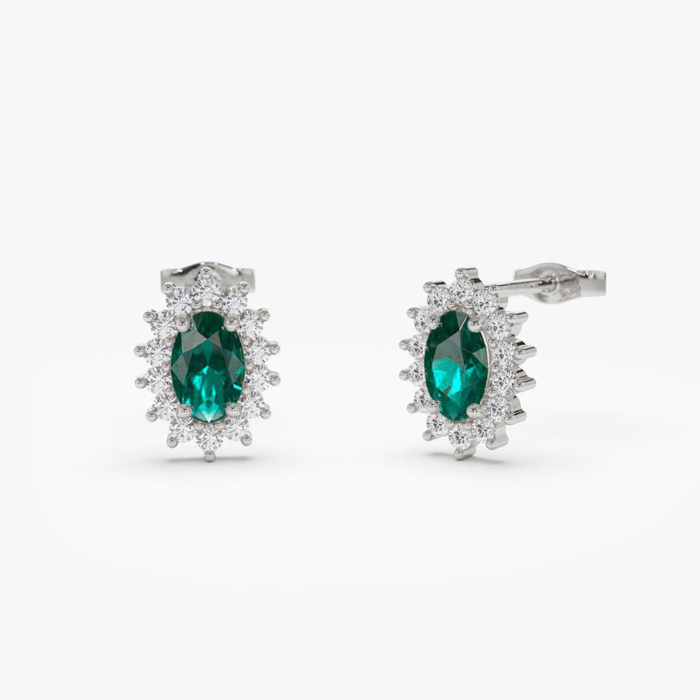 14k Emerald Earrings with Halo Diamonds - GeumJewels