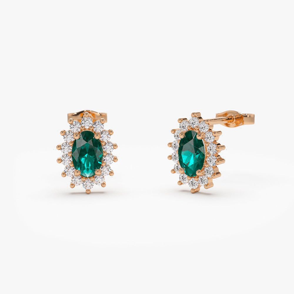 14k Emerald Earrings with Halo Diamonds - GeumJewels