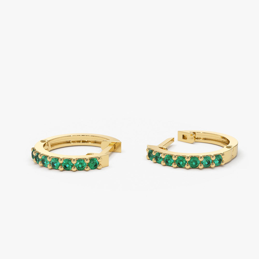 14K Gold Emerald Huggie Hoop Earrings - GeumJewels