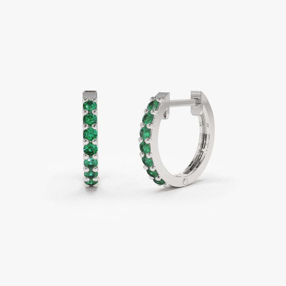 14K Gold Emerald Huggie Hoop Earrings - GeumJewels