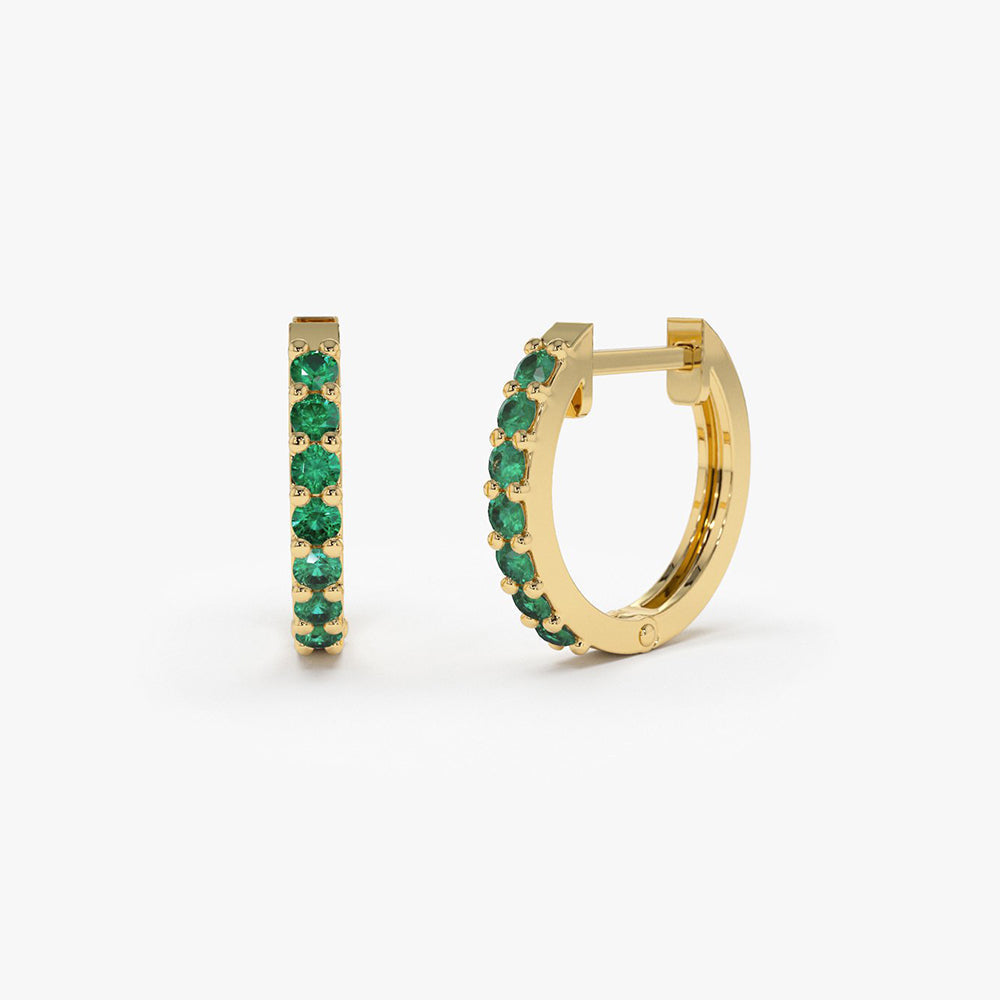 14K Gold Emerald Huggie Hoop Earrings - GeumJewels