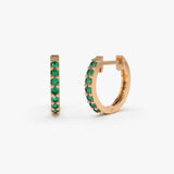 14K Gold Emerald Huggie Hoop Earrings - GeumJewels