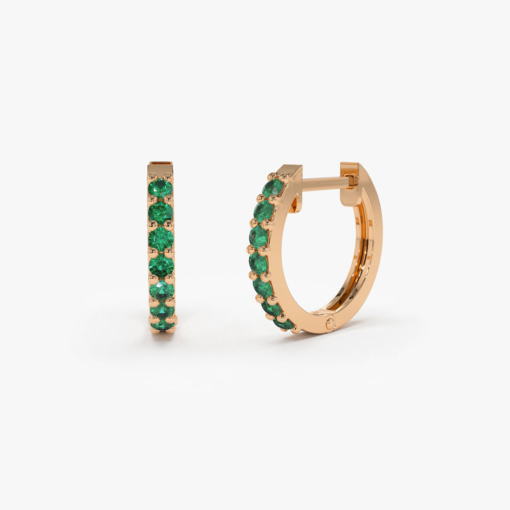 14K Gold Emerald Huggie Hoop Earrings - GeumJewels