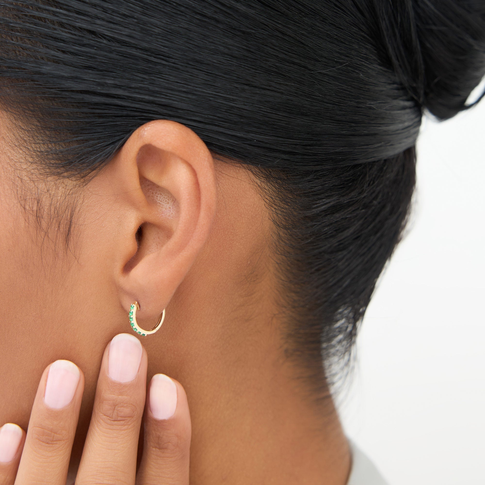 14K Gold Emerald Huggie Hoop Earrings - GeumJewels