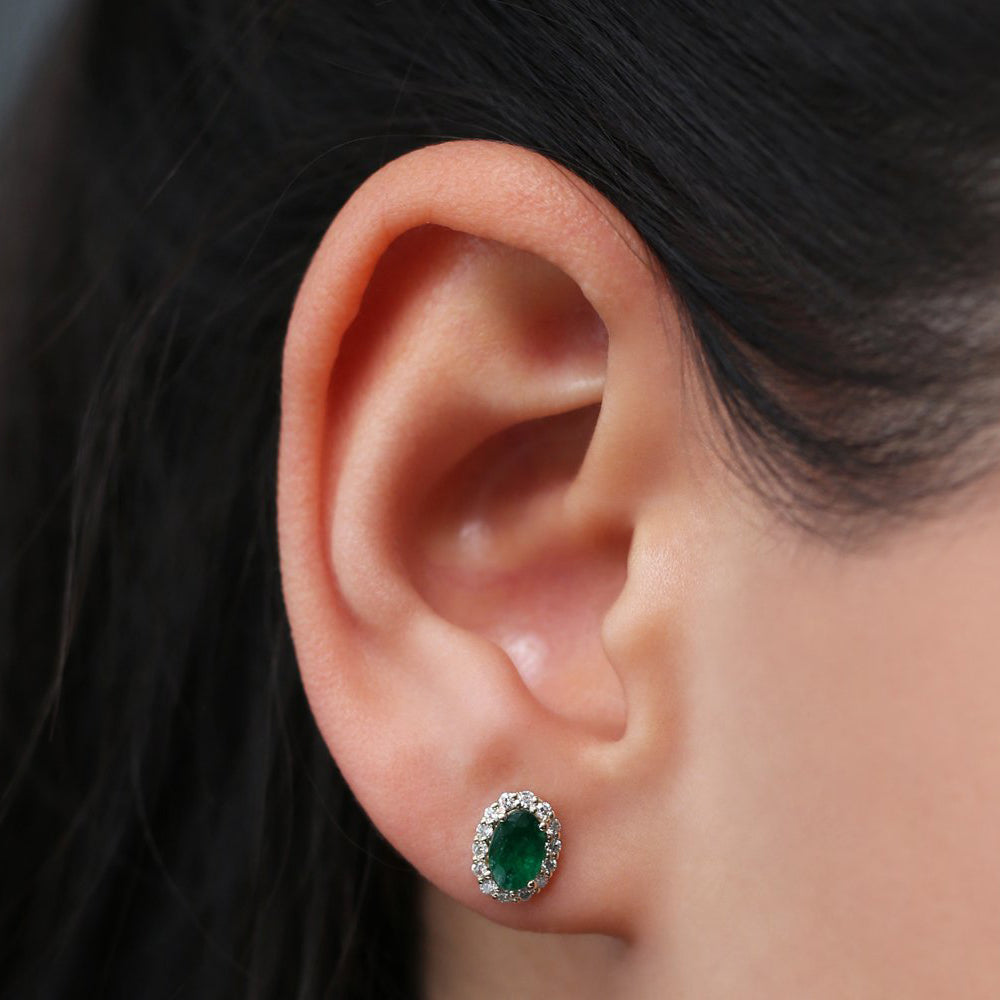 14k Gold Oval Cut Emerald Diamond Earrings - GeumJewels