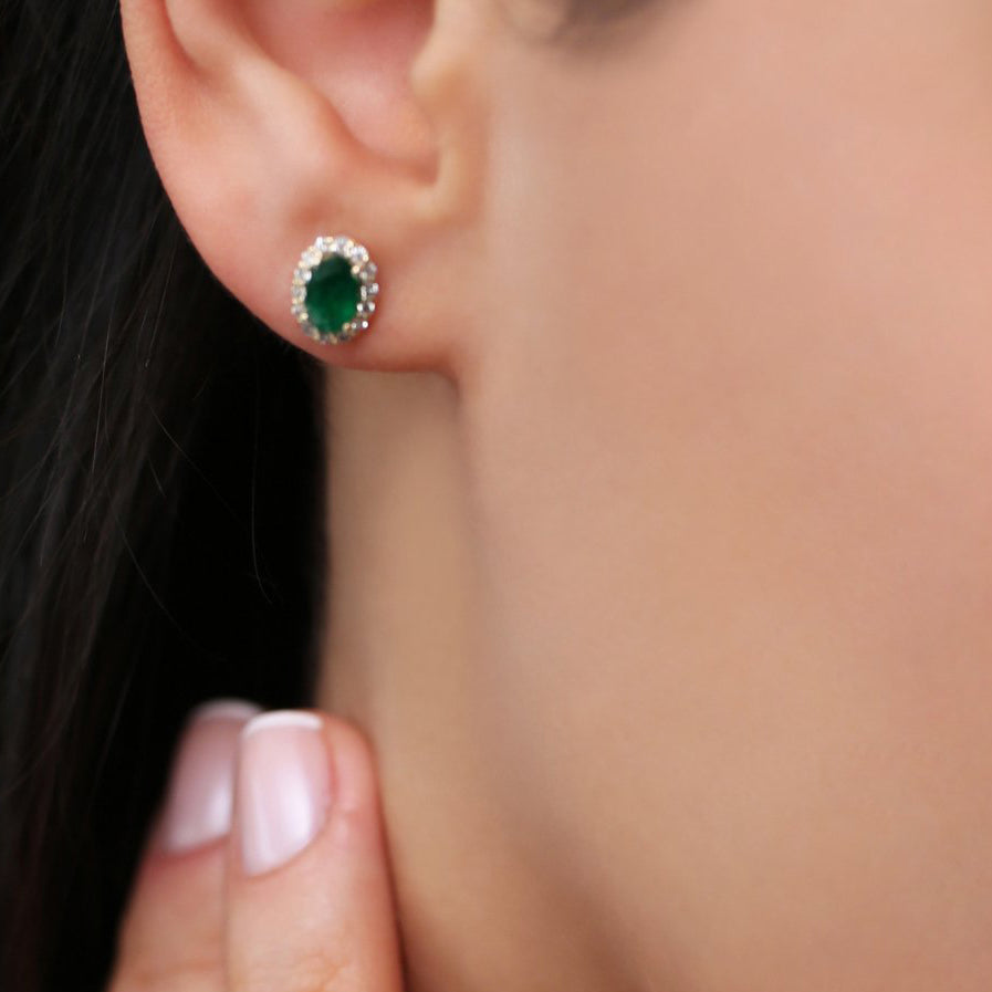 14k Gold Oval Cut Emerald Diamond Earrings - GeumJewels