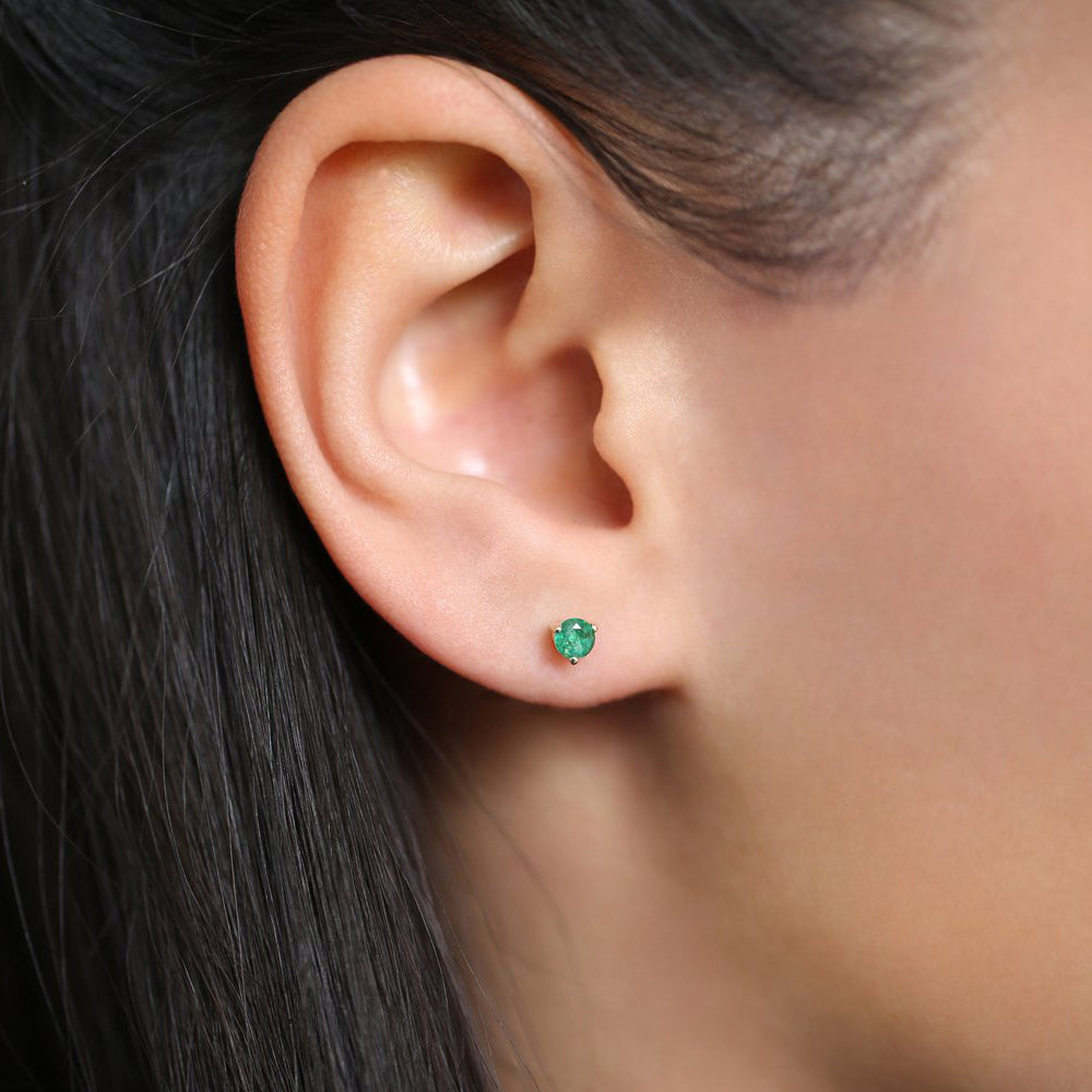 14K Gold Round Cut Emerald Stud Earrings - GeumJewels