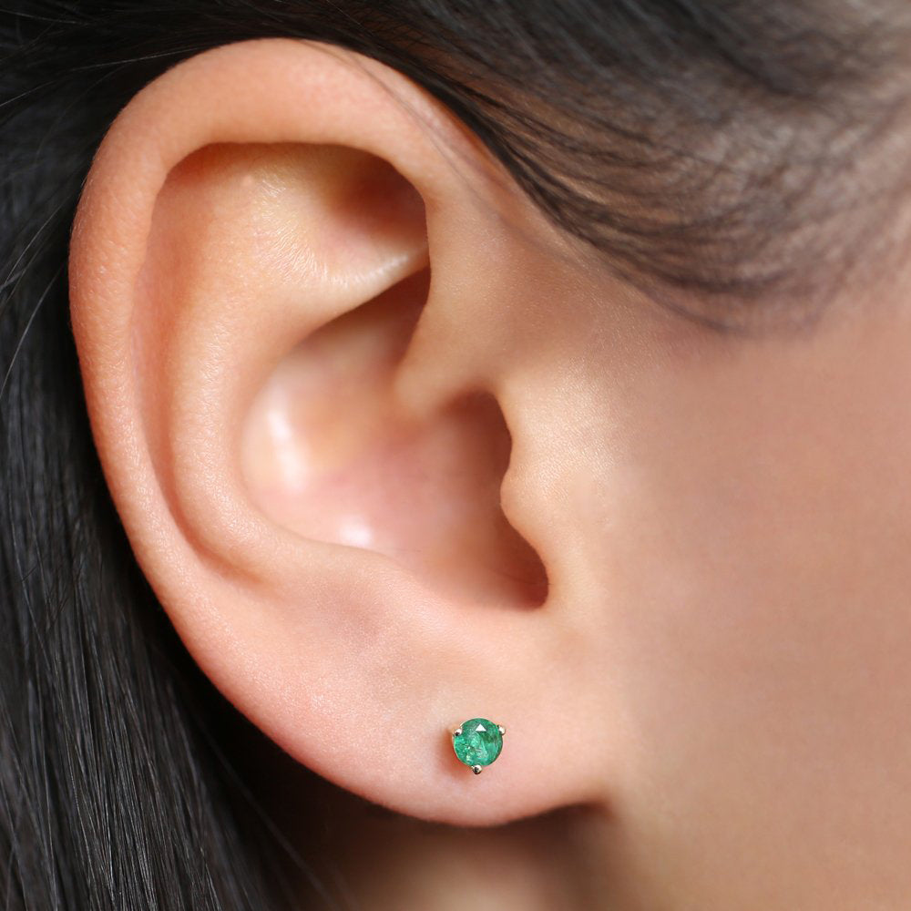 14K Gold Round Cut Emerald Stud Earrings - GeumJewels