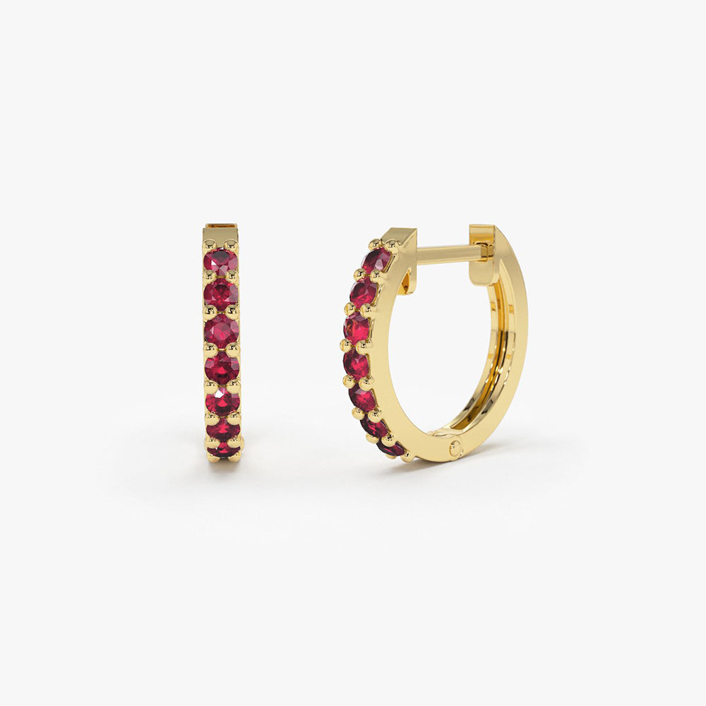 14K Gold Ruby Huggie Hoop Earrings - GeumJewels