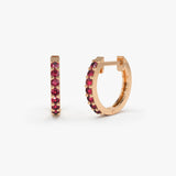 14K Gold Ruby Huggie Hoop Earrings - GeumJewels