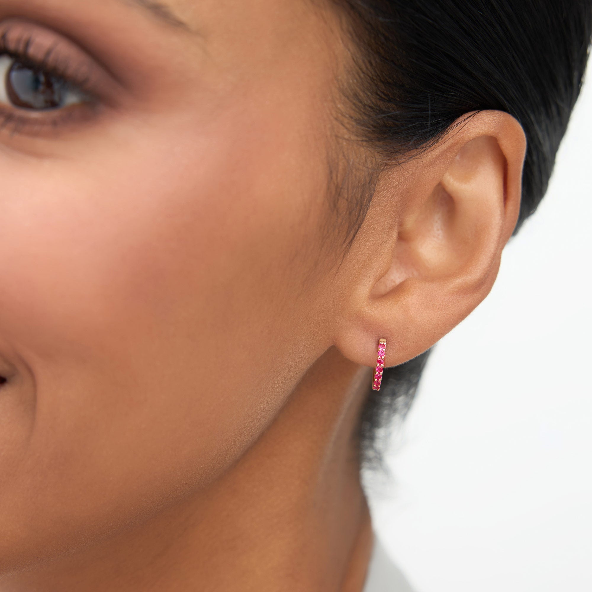 14K Gold Ruby Huggie Hoop Earrings - GeumJewels