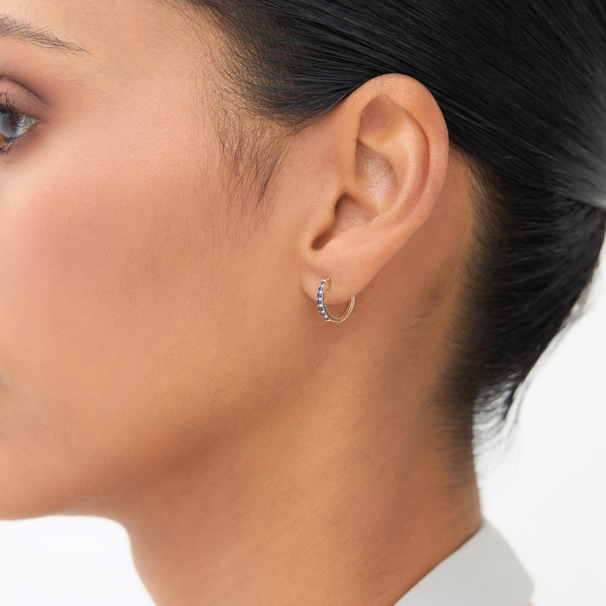 14K Gold Sapphire Huggie Hoop Earrings - GeumJewels