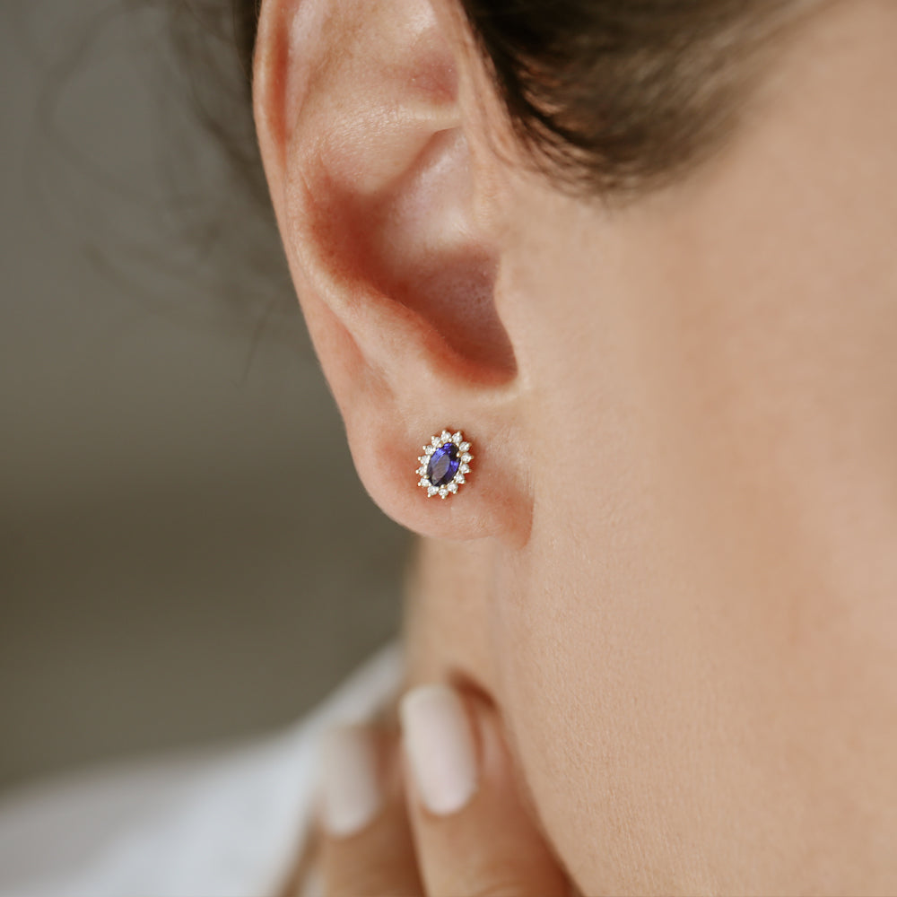 14k Oval Cut Blue Sapphire Earrings with Diamonds - GeumJewels