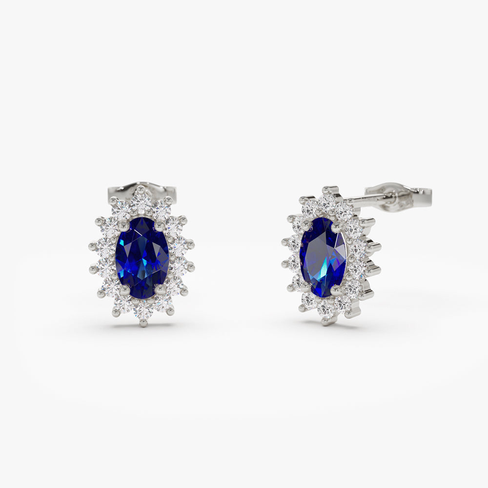 14k Oval Cut Blue Sapphire Earrings with Diamonds - GeumJewels