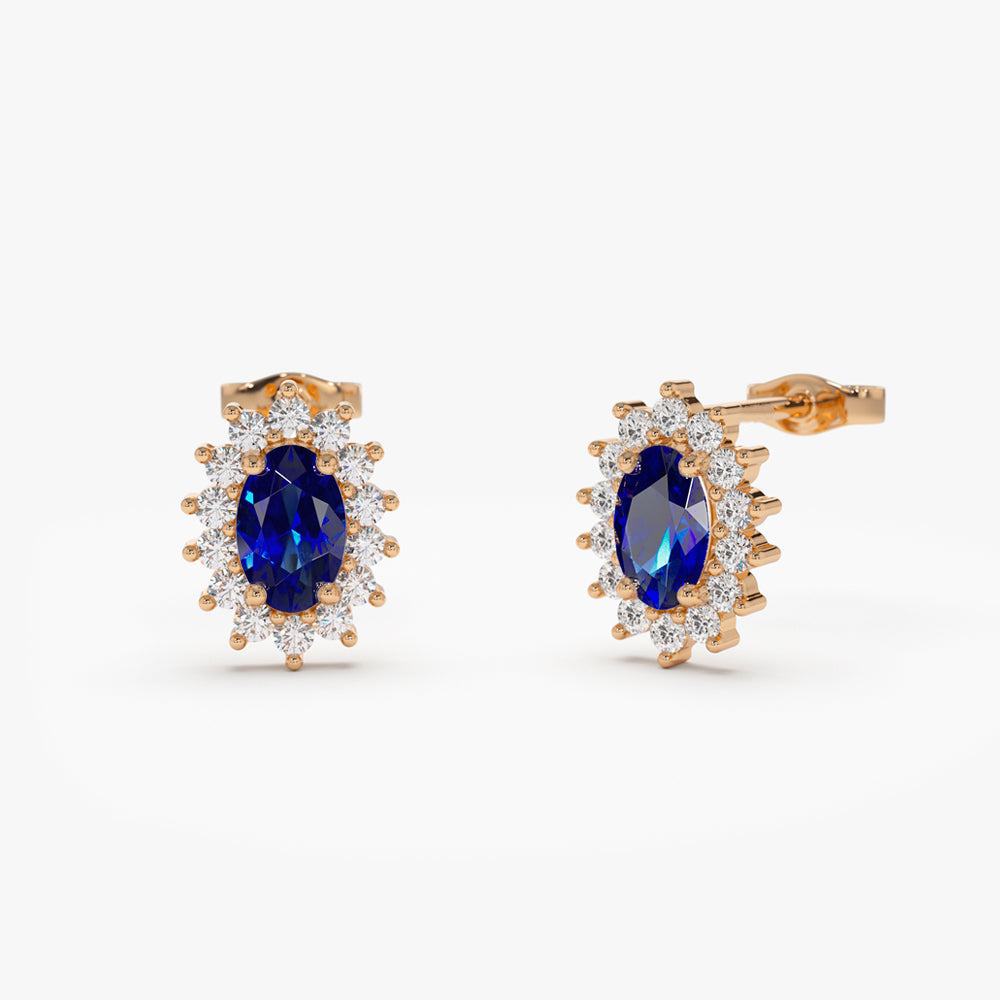 14k Oval Cut Blue Sapphire Earrings with Diamonds - GeumJewels