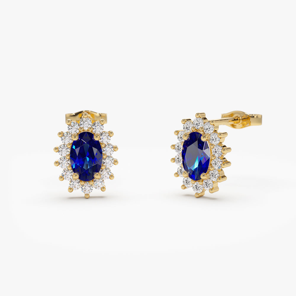 14k Oval Cut Blue Sapphire Earrings with Diamonds - GeumJewels